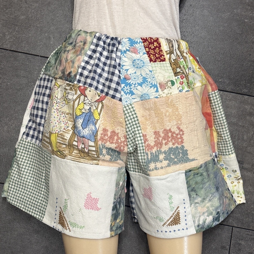 Upcycled Reworked VTG Tea Towel Quilt Gingham Scrap Shorts SZ XS 1 Of 1 Reclaim